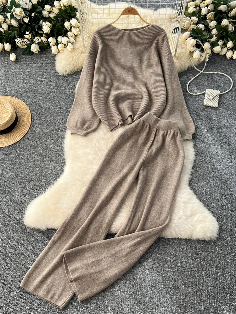 SINGREINY 2025 Winter Thick Women Suits Loose Sweater Tops+High Waist Wide Legs Long Pants Autumn Solid Causal Warm 2 Piece Sets