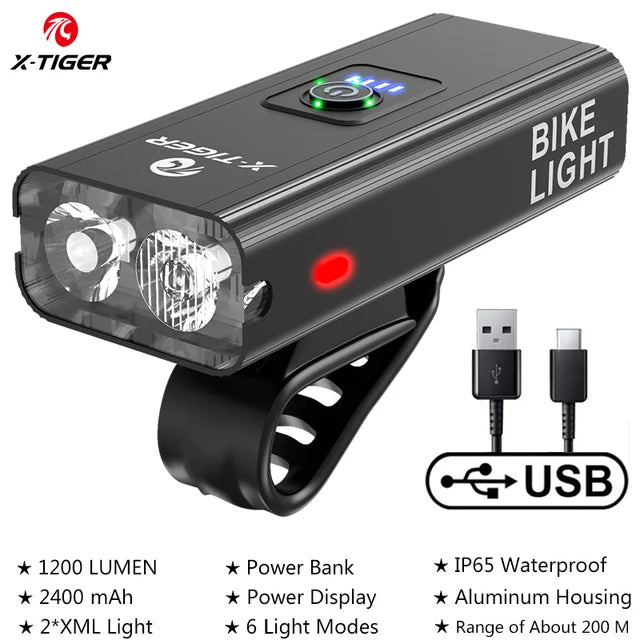 X-TIGER Waterproof MTB Bike Light Aluminum Alloy Road Cycling USB Rechargeable Headlight 2400 Lumens Bicycle Light Accessories