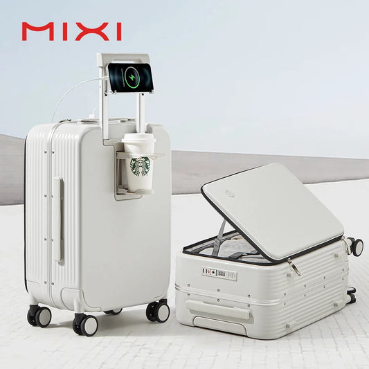 Mixi New Aluminum Frame Suitcase Carry On Rolling Luggage with USB Port Boarding Cabin Cup and Phone Holder 20 24 Inch