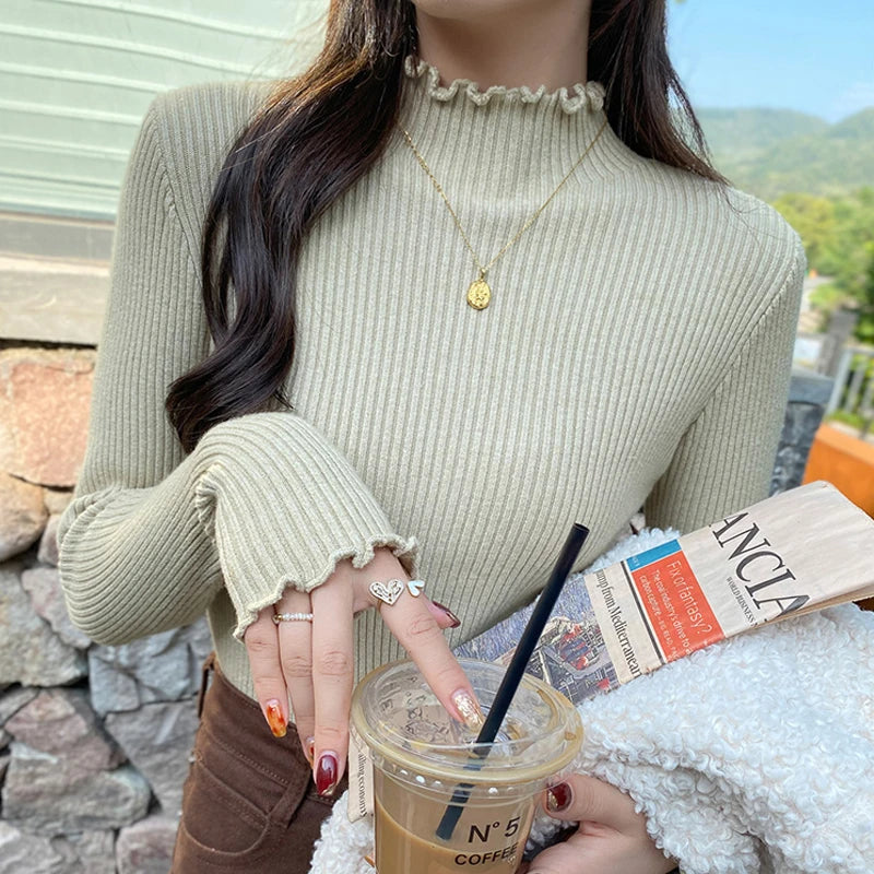 Elegant Women Knitted Primershirt Fashion Ruffled Knitted Pullover Long Sleeved Sweater Autumn Winter Slim Casual Solid Tops