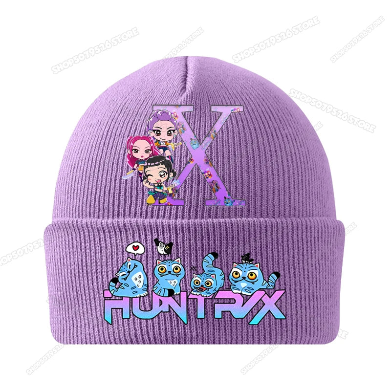 Kpop Demon Hunters Letter A-Z Knitted Hat Cartoon Music Girl Beanies Cap Kids Winter Warm Bonnet Cartoon Toddler Skullies Beanie