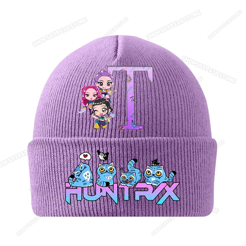 Kpop Demon Hunters Letter A-Z Knitted Hat Cartoon Music Girl Beanies Cap Kids Winter Warm Bonnet Cartoon Toddler Skullies Beanie
