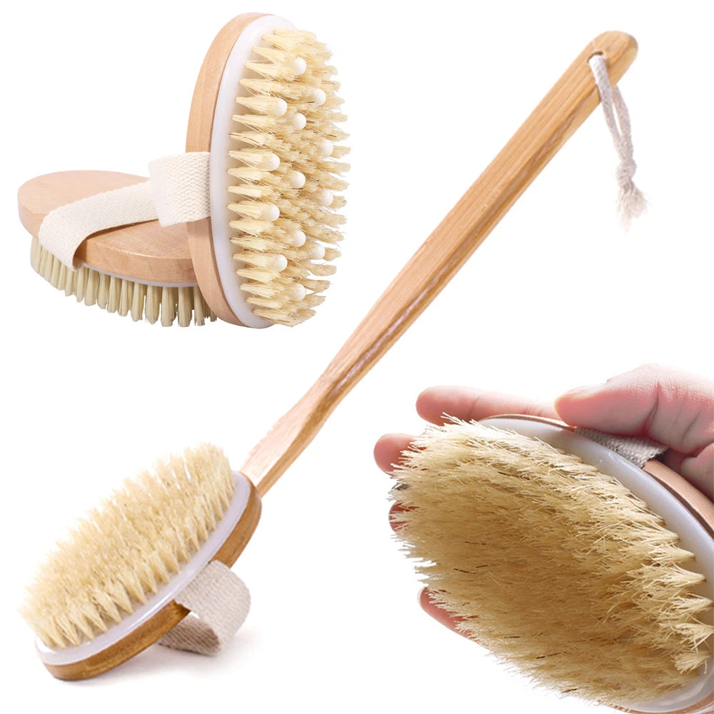 Natural Bristle Body Brush Dry Skin Exfoliating Dead Skin Remover SPA Soft Brush