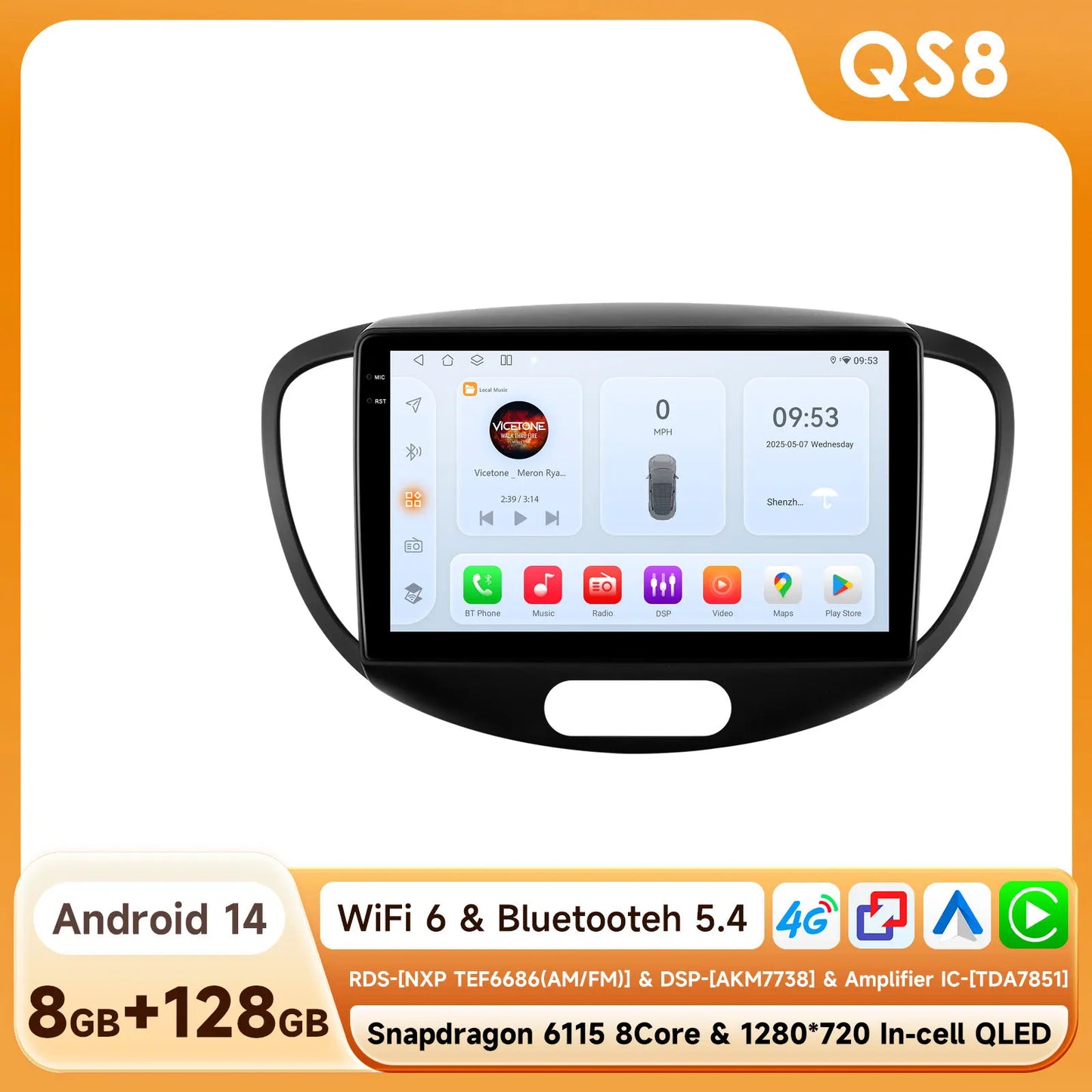 Hizpo 2Din 9inch Android13 Car Radio for Hyundai i10 2007- 2013 BT 4G Auto CarPlay Navi GPS RDS DSP UI7862 Intelligent System