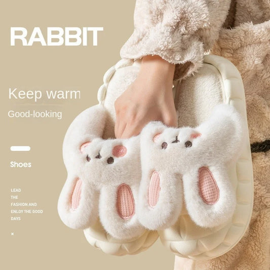 Mo Dou 2022 Winter Warm Women Slippers Waterproof Vamp Cute Rabbit Bear Decoration Indoor Outdoor Shoes Soft Plush Men Slippers