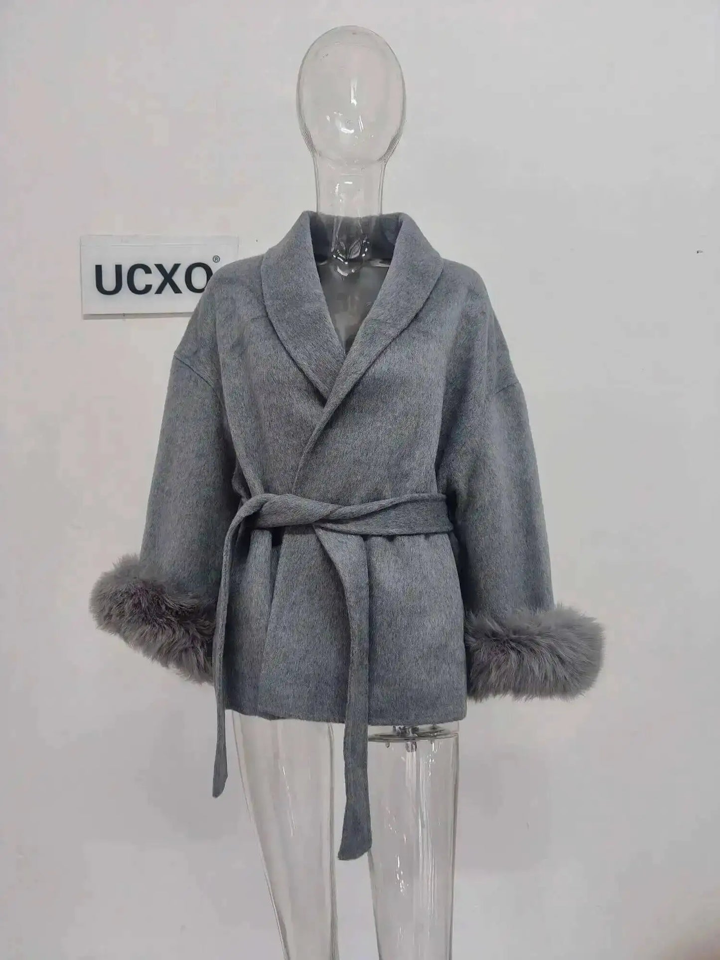 UCXQ Elegant OL Office Lady Overcoats Fur Patchwork Long Sleeve Woolen Coat Beautiful Women's Clothing Jacket Autumn 2025 Winter