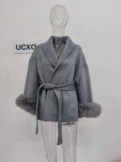 UCXQ Elegant OL Office Lady Overcoats Fur Patchwork Long Sleeve Woolen Coat Beautiful Women's Clothing Jacket Autumn 2025 Winter