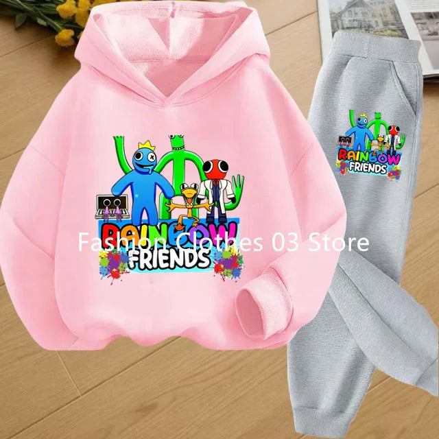 2025 Chic and Cozy Rainbow Friends Long Sleeve Sweatsuits Offer Soft Smooth Fabric Kids Spring Autumn Long Sleeve Hoodie Set