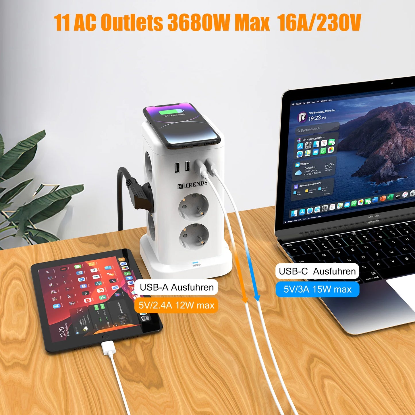 Placa de alimentação inteligente 15 em 1 com ficha padrão UE de 3680 W, tomada 7/11 CA, 3 portas de carregamento USB-A e 1 USB-C, cabo de extensão de 2 metros