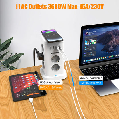 Placa de alimentação inteligente 15 em 1 com ficha padrão UE de 3680 W, tomada 7/11 CA, 3 portas de carregamento USB-A e 1 USB-C, cabo de extensão de 2 metros