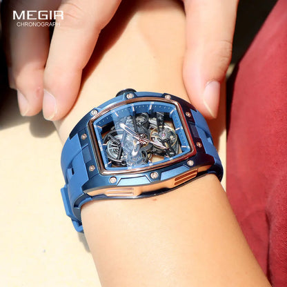 MEGIR 2242 Blue Automatic Men’s Watch Sport Mechanical Skeleton Waterproof