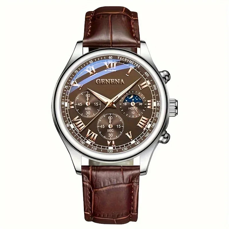 Men’s Business Quartz Watch Leather Strap Round Dial Fashion Analog Wristwatch