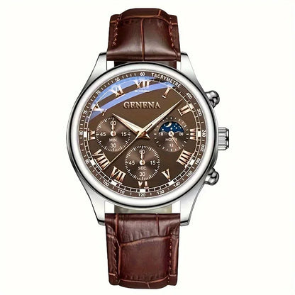Men’s Business Quartz Watch Leather Strap Round Dial Fashion Analog Wristwatch
