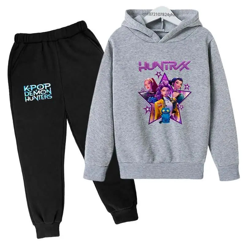Kpop Demon Hunters Hot Cartoon Print Kids Autumn Spring Casual 2pcs Hoodie+Pants Tracksuits 2-13 Years Boys Girls Clothes Sets