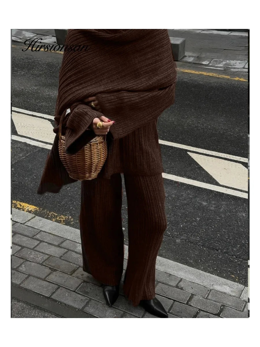 Hirsionsan Soft Elegant Vintage Women Suits 3 Pieces Female Sets O Neck Sweater & Wild Leg Pants with Scarf Knitted TrackSuit