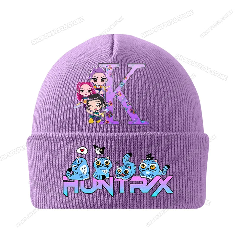 Kpop Demon Hunters Letter A-Z Knitted Hat Cartoon Music Girl Beanies Cap Kids Winter Warm Bonnet Cartoon Toddler Skullies Beanie