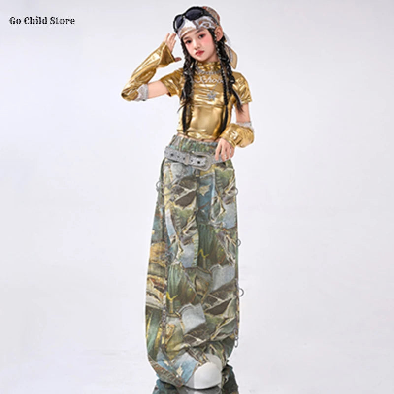 Girls Hip Hop Shiny Golden Crop Top Patchwork Jeans Pants Kids Streetwear Child Jazz Girl Group Costumes K-pop Retro Clothes Set