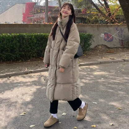 Winter Down Coat Thickened Padded Stand Collar Knee Length Pockets Cotton Jacket Zipper Closure Windproof Women Down Coat Parkas