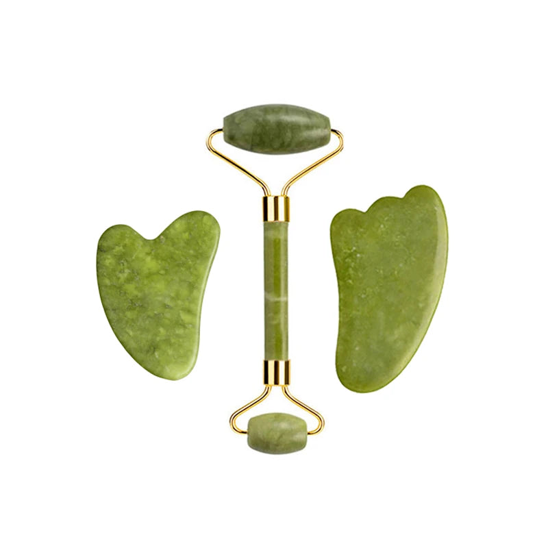 Natural Jade Roller Gua Sha Set – Facial & Body Massage Anti-Aging Lifting Spa Tools