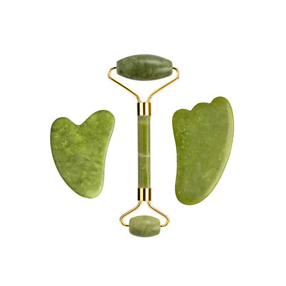Natural Jade Roller Gua Sha Set – Facial & Body Massage Anti-Aging Lifting Spa Tools