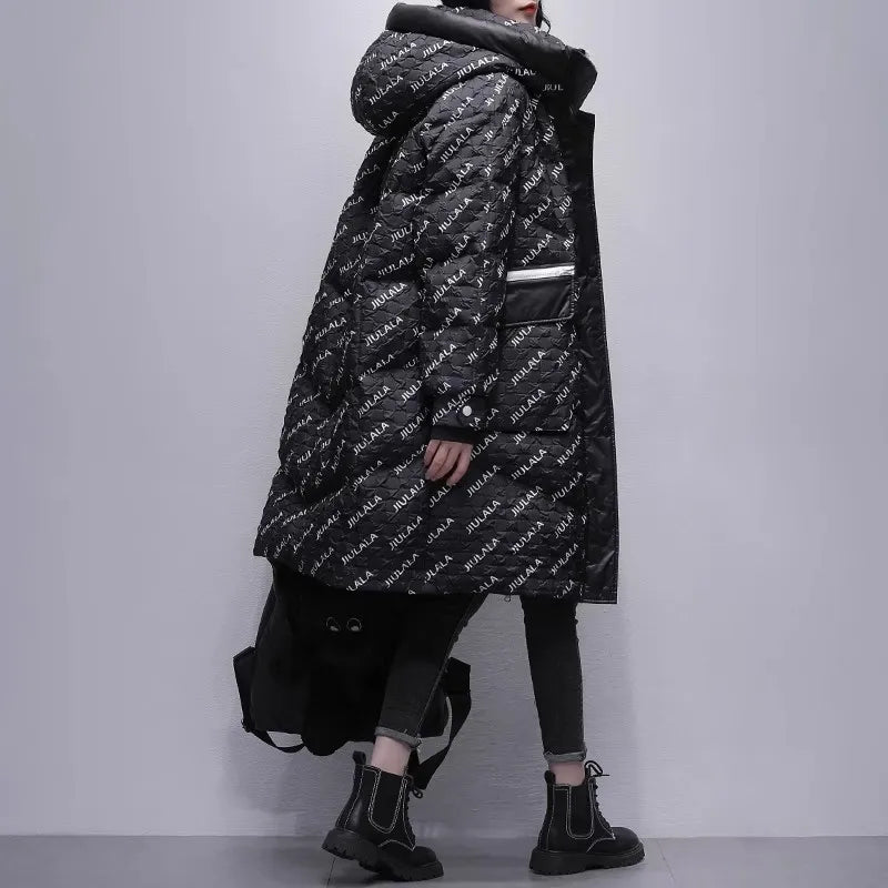 Black Letter Print Down Jacket Women's Mid length Winter 2025 New White Duck down Hooded Thick Coat Female Warm Parka Overcoat
