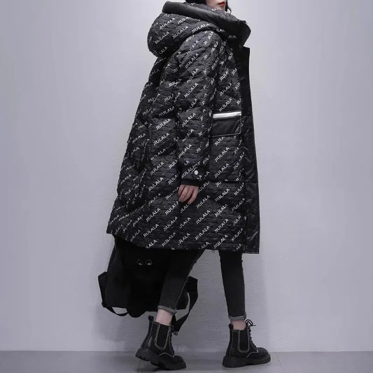 Black Letter Print Down Jacket Women's Mid length Winter 2025 New White Duck down Hooded Thick Coat Female Warm Parka Overcoat
