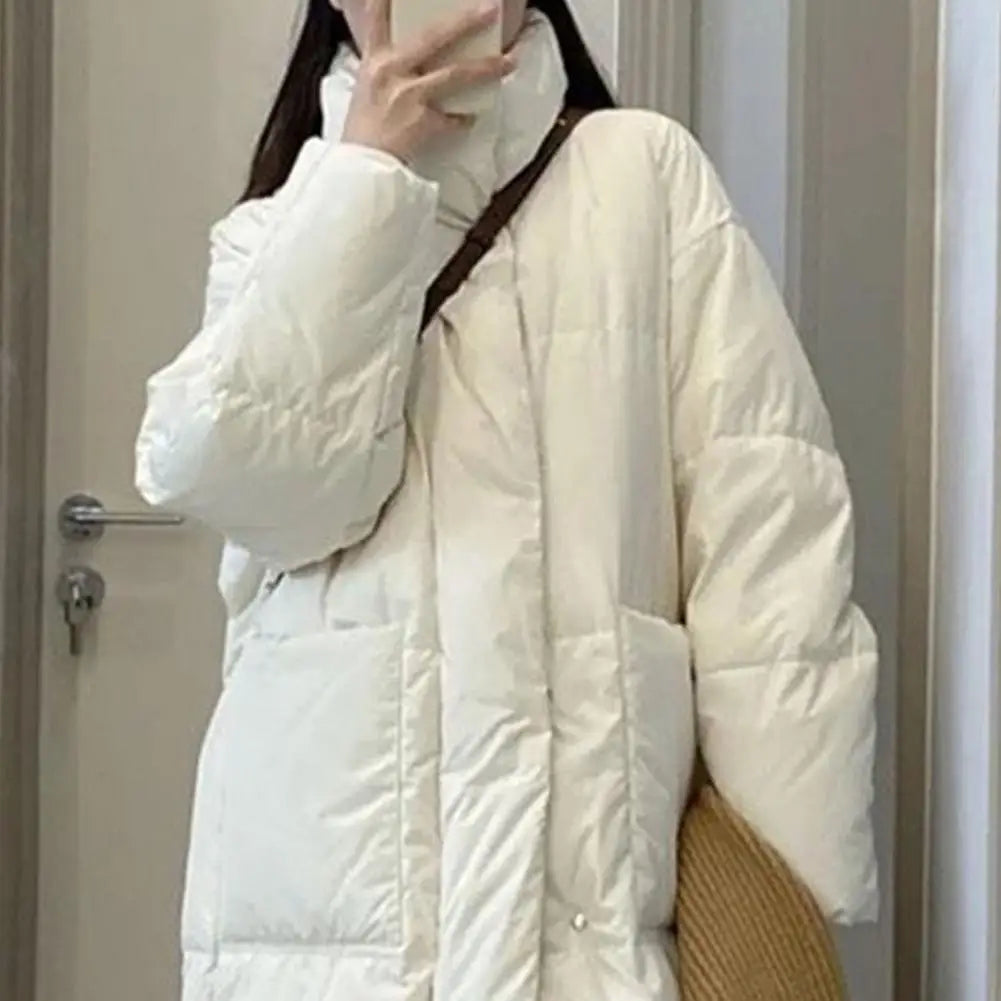Winter Down Coat Thickened Padded Stand Collar Knee Length Pockets Cotton Jacket Zipper Closure Windproof Women Down Coat Parkas