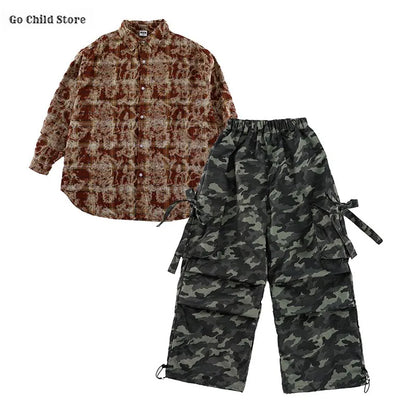 Girls Hip Hop Maillard Plaid Shirt Camouflage Cargo Pants Boys Street Dance Costumes Kids Jazz Clothes Sets Children Streetwear