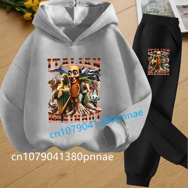 Tralalero Tralala Tung Tung Tung Funny Italian Brainrot Kids Clothes Boys Hoodie+Pants 2pcs Set Girls Tracksuit Children Outfits