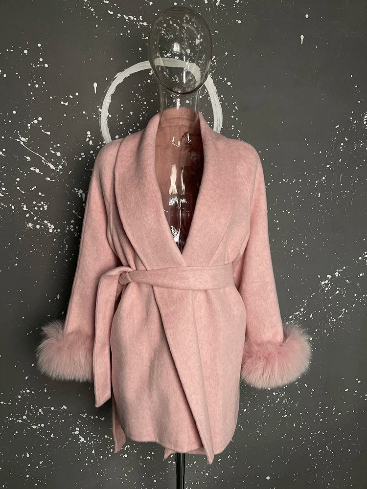 UCXQ Elegant OL Office Lady Overcoats Fur Patchwork Long Sleeve Woolen Coat Beautiful Women's Clothing Jacket Autumn 2025 Winter