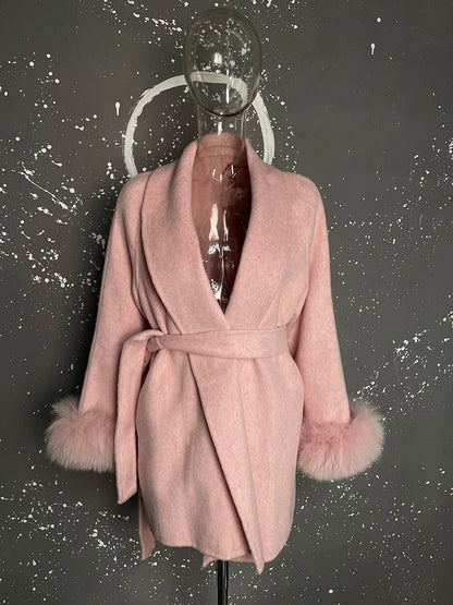 UCXQ Elegant OL Office Lady Overcoats Fur Patchwork Long Sleeve Woolen Coat Beautiful Women's Clothing Jacket Autumn 2025 Winter