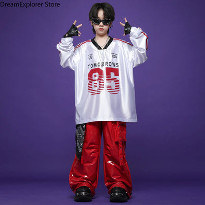 Boys Hip Hop Cool Shiny Sweatshirt Street Dance Cargo Pants Girls K-pop Clothes Sets Kids Streetwear Children Teenage Costumes