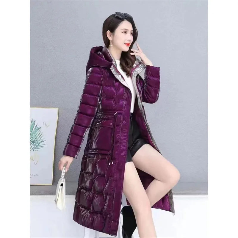 Thick Women's Windproof Long Mother's Down Cotton Coat Women's 2023 Winter Fashion Warm Slim Waist Wrapped Parka Hooded Lace-Up