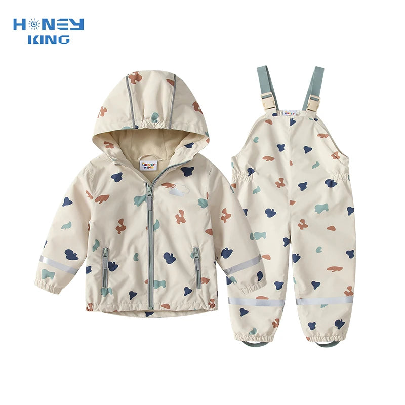 HONEYKING Children's Clothing Sets Raincoat Suit Baby Waterproof Overalls Pants Girls Jumpsuit For Kids Jacket And Trousers Set
