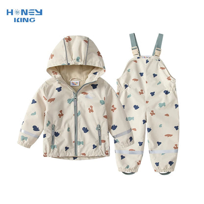HONEYKING Children's Clothing Sets Raincoat Suit Baby Waterproof Overalls Pants Girls Jumpsuit For Kids Jacket And Trousers Set