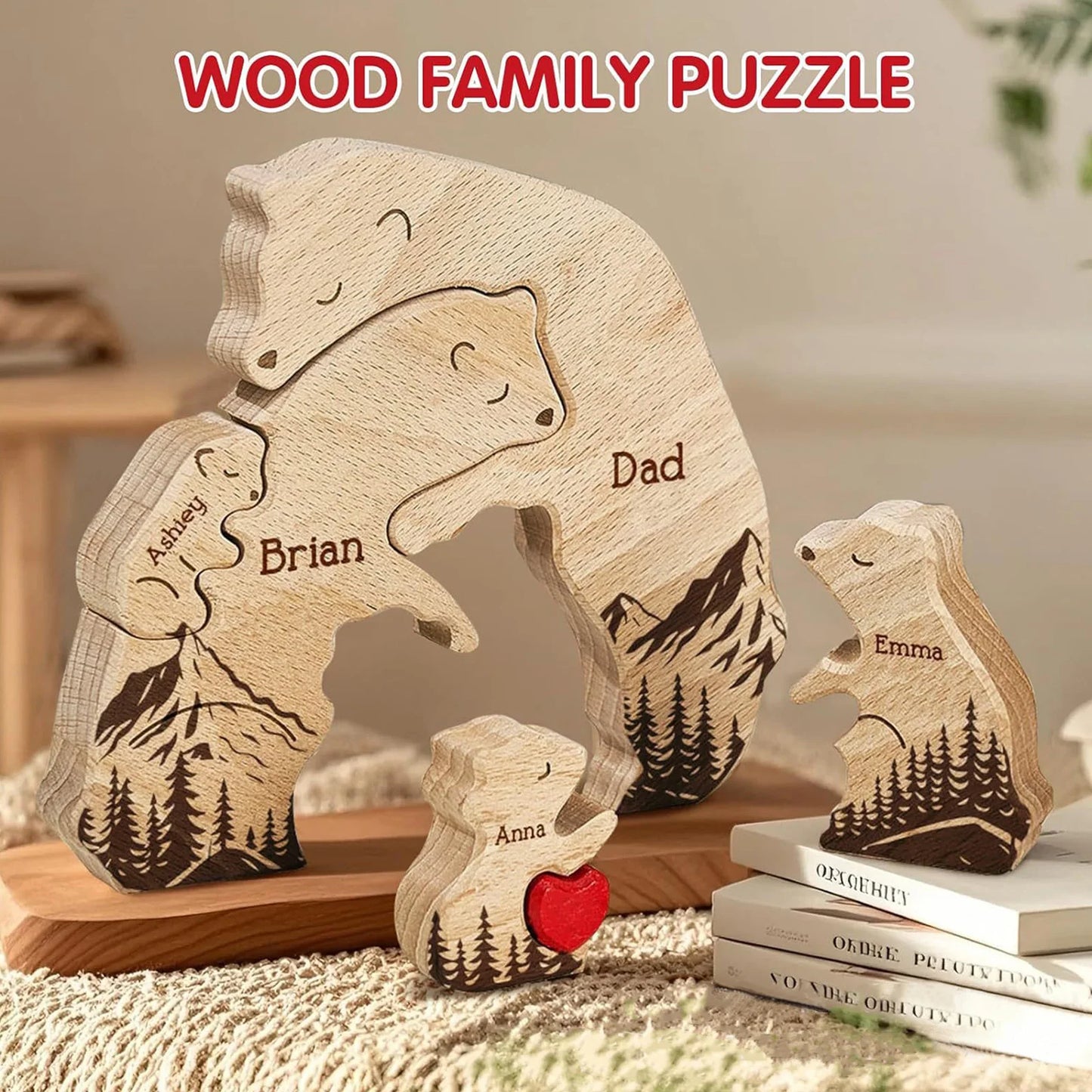 Personalized Art Wooden Bear Family Puzzle, Baby's Birth Gift, Thanksgiving Christmas Holiday Heart Warmer Gift, Gift for Mom
