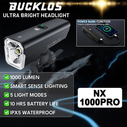 BUCKLOS Smart Sensor Bike Light Aluminum Alloy Headlight Cycling Waterproof Type-C Rechargeable Front Lamp Bicycle Accessories