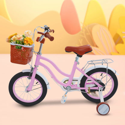 14 Inch Children's Bicycle Carbon Steel Kids Bike with Auxiliary Wheels & Basket & Manual Bell, Bearing 60kg, Height Adjustable