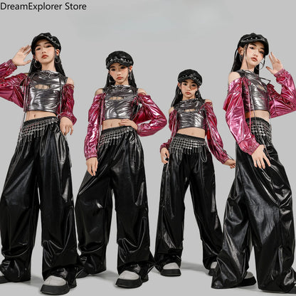 Girls K-pop Fashion Shiny Crop Top Hoodies Street Dance Pants Child Hip Hop Jazz Streetwear Clothes Sets Kids Girl Group Costume