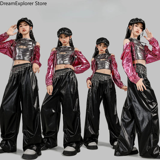 Girls K-pop Fashion Shiny Crop Top Hoodies Street Dance Pants Child Hip Hop Jazz Streetwear Clothes Sets Kids Girl Group Costume