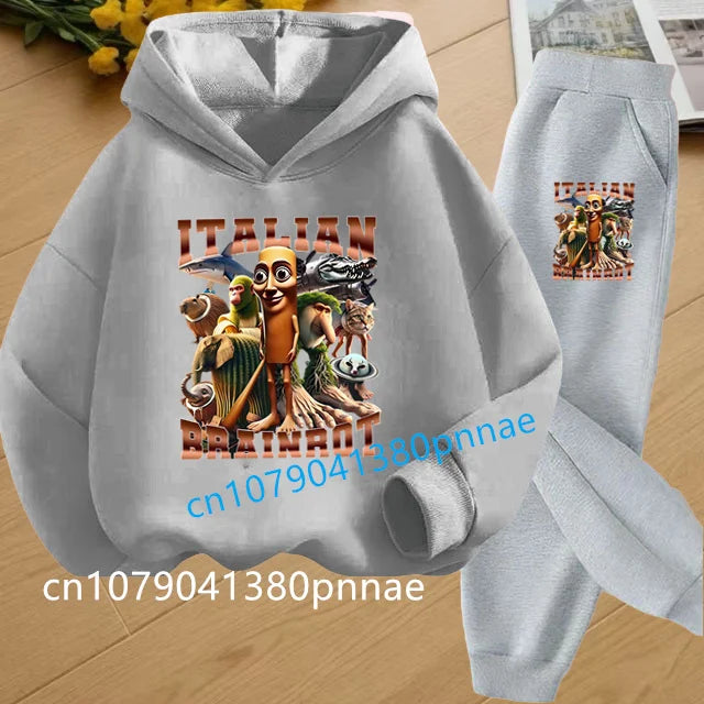 Tralalero Tralala Tung Tung Tung Funny Italian Brainrot Kids Clothes Boys Hoodie+Pants 2pcs Set Girls Tracksuit Children Outfits