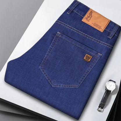 Spring Summer Business Jeans Men Light Blue Casual Straight Stretch Fashion Classic Work Denim Trousers Brand Clothing