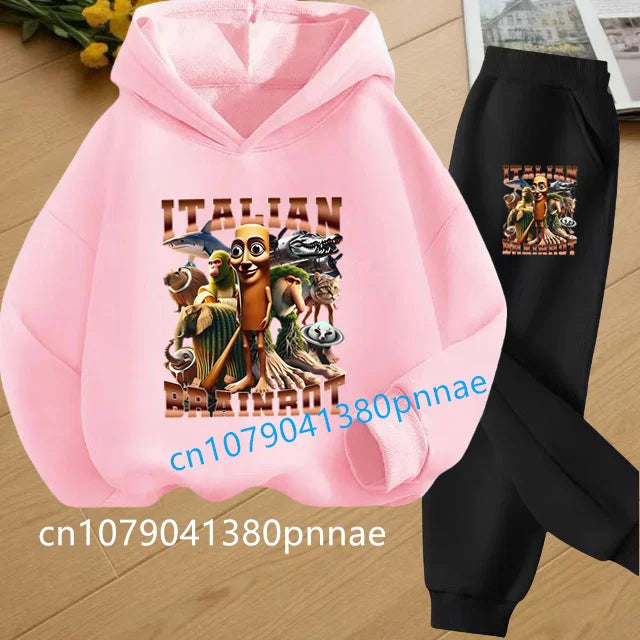 Tralalero Tralala Tung Tung Tung Funny Italian Brainrot Kids Clothes Boys Hoodie+Pants 2pcs Set Girls Tracksuit Children Outfits