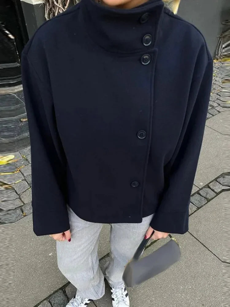 Urban Black Woolen Blend Coats Women Stand Collar Single-breasted Long Sleeve Thick Warm Jacket 2025 Autumn Winter Lady Outwear