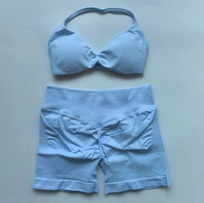 DFYIVE Yoga Gym Set 2 Piece Women Strappy Yoga Bra Top Workout Scrunch Shorts Sports Suit Fitness Clothes Seamless Yoga Set