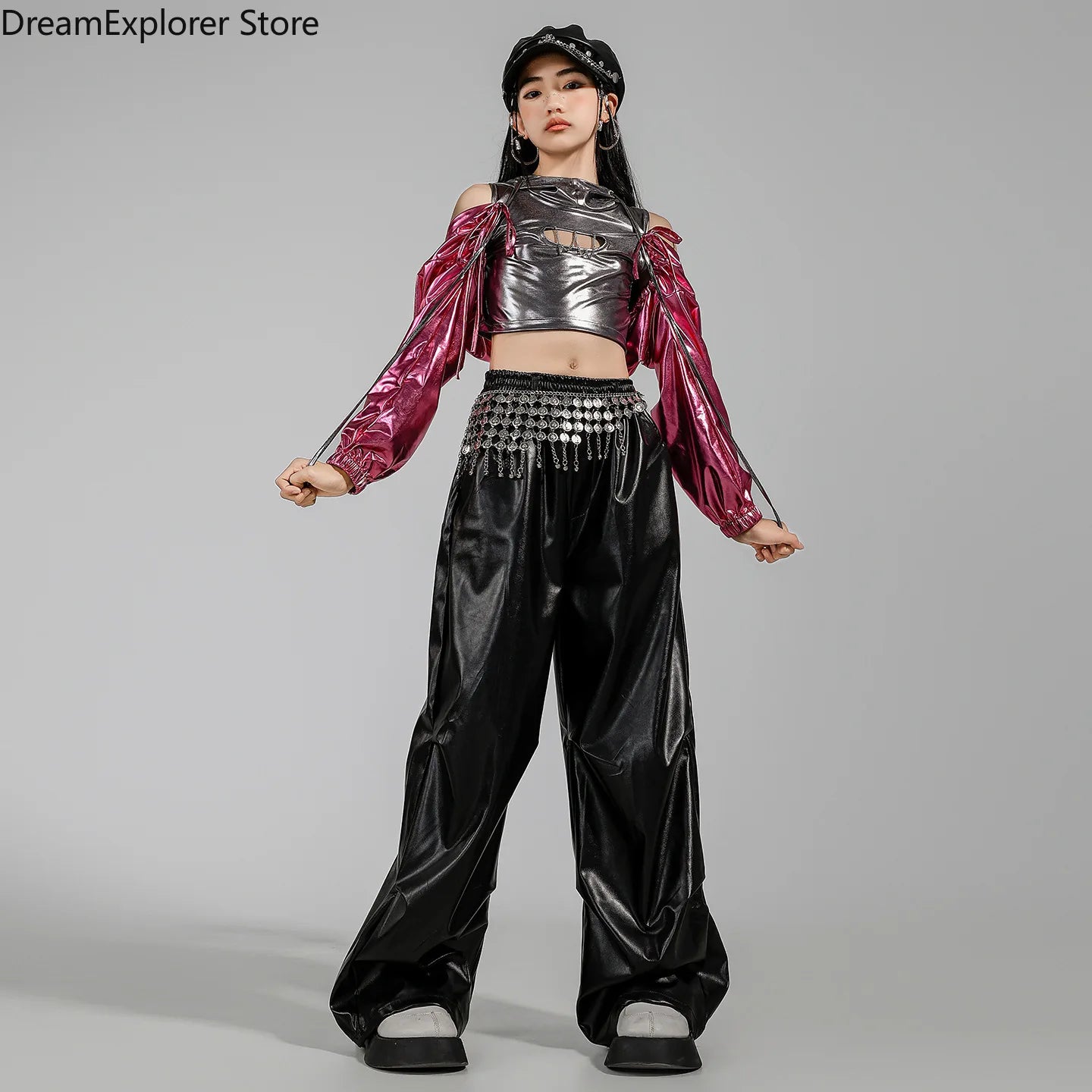 Girls K-pop Fashion Shiny Crop Top Hoodies Street Dance Pants Child Hip Hop Jazz Streetwear Clothes Sets Kids Girl Group Costume