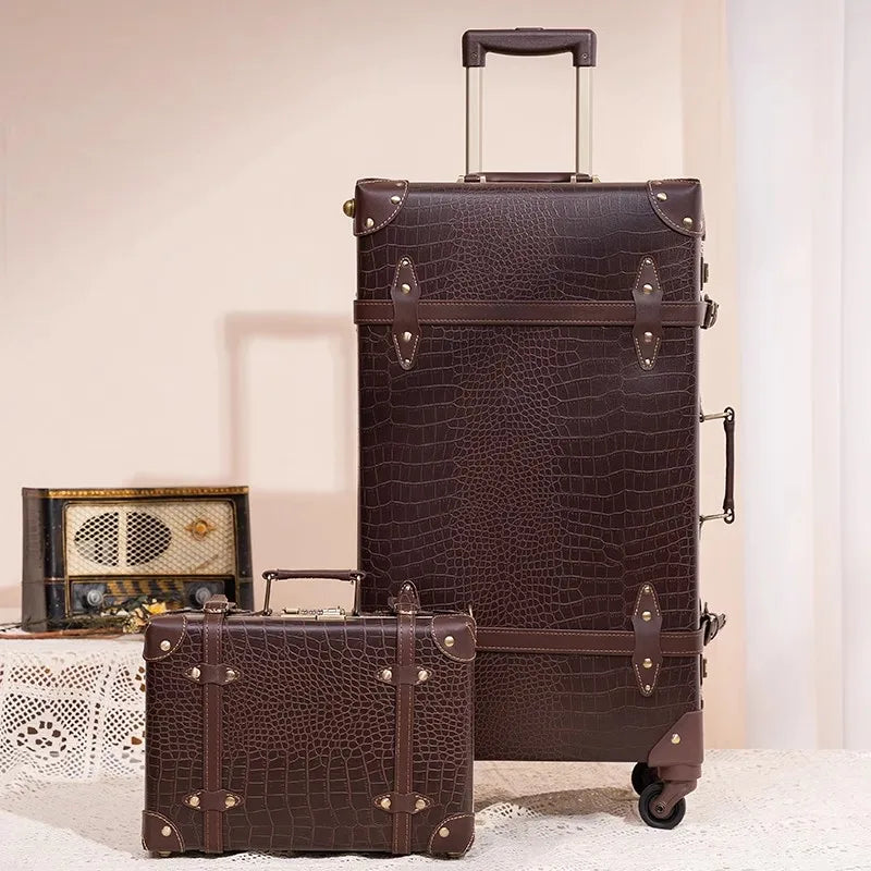 Vintage Suitcase set 2 piece , Women's Vintage Luggage set, Travel suitcase with boarding tote, handmade faux leather aluminum