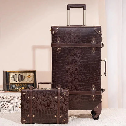 Vintage Suitcase set 2 piece , Women's Vintage Luggage set, Travel suitcase with boarding tote, handmade faux leather aluminum