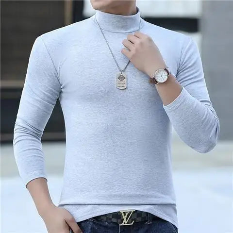 Fashion Men's Oversize High Collar Long Sleeves Autumn Winter Pure Thermal Shirt for Men  Layering Stylish T-Shirt