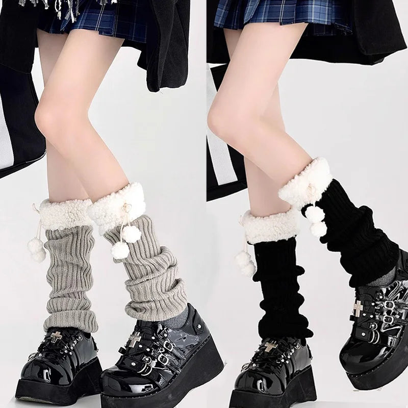 Autumn Winter Lolita Leg Warmers Socks with Ball Knitted Warm Foot Cover White Black Grey Warmer Lady Crochet Sock Boot Cuffs